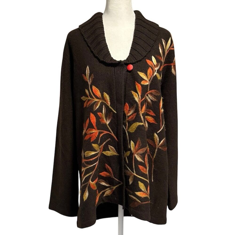 Madison Hill Size XL Wool Cardigan Sweater Leaf Botanical Fall Autumn